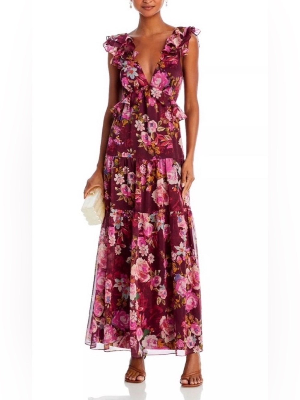 NWT Aqua Burgundy Floral Ruffle V-Neck Maxi Dress